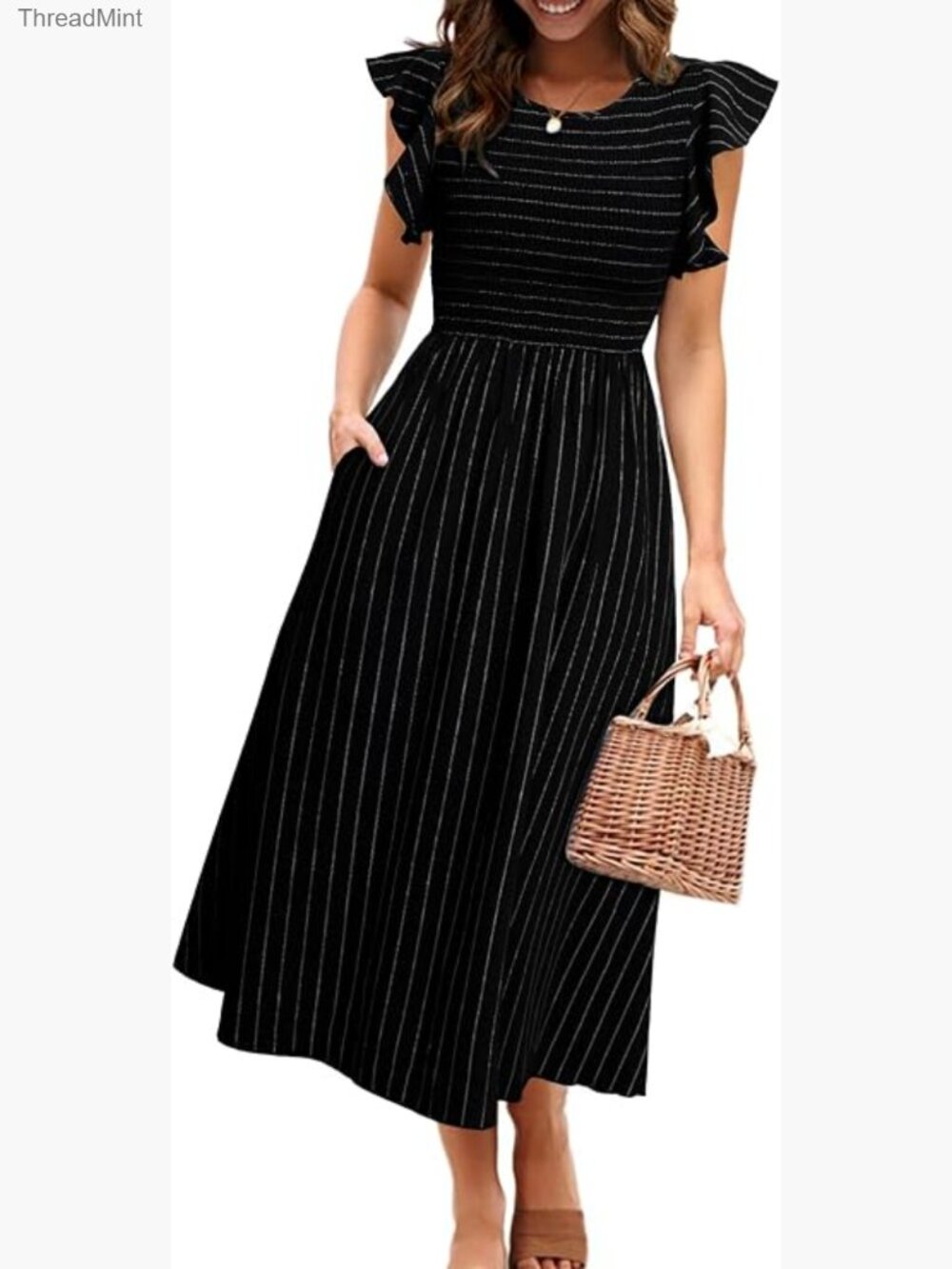 Womens Midi Summer Dress Linen Smocked Flutter Short Sleeve Flowy Casual Dress